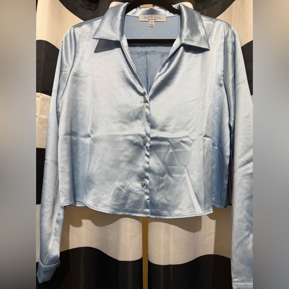 Sweet Rain Blue Notched Collar Button Down Top